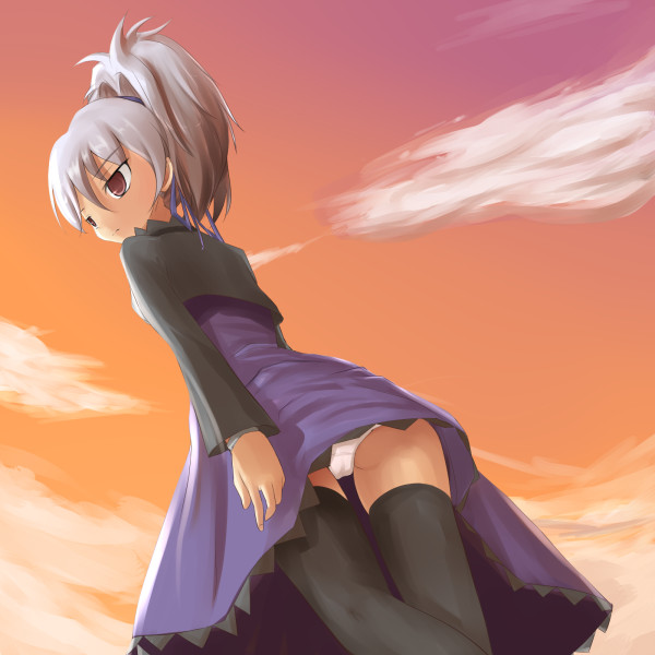 kuro (be ok), yin (darker than black), darker than black, 00s, 1girl, cloud, dress, female focus, panties, pantyshot, purple dress, purple skirt, skirt, sky, solo, standing, thighhighs, underwear, upskirt