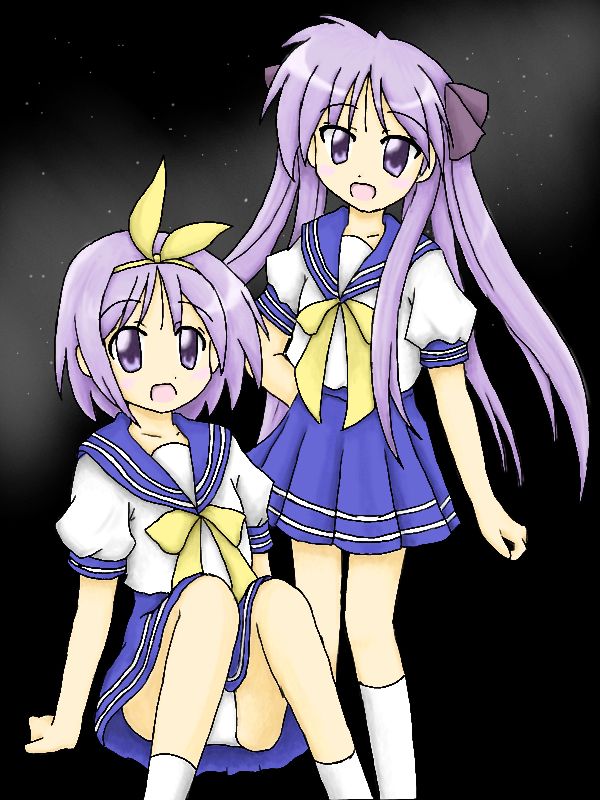 hiiragi kagami, hiiragi tsukasa, lucky star, 00s, 2girls, hair ribbon, hairband, long hair, multiple girls, open mouth, panties, purple hair, school uniform, serafuku, short hair, sisters, sitting, skirt, socks, standing, thighs, tongue, twins, twintails, underwear, white panties