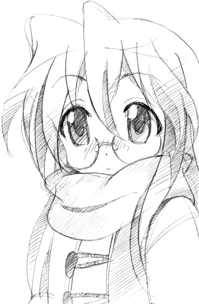 gofu, takara miyuki, lucky star, traditional media, 00s, coat, glasses, greyscale, monochrome, scarf, sketch, solo