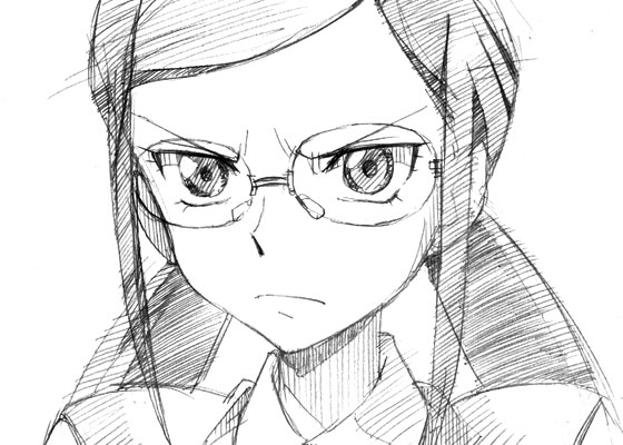 gofu, kirihara misaki, darker than black, traditional media, 00s, glasses, greyscale, monochrome, sketch, solo