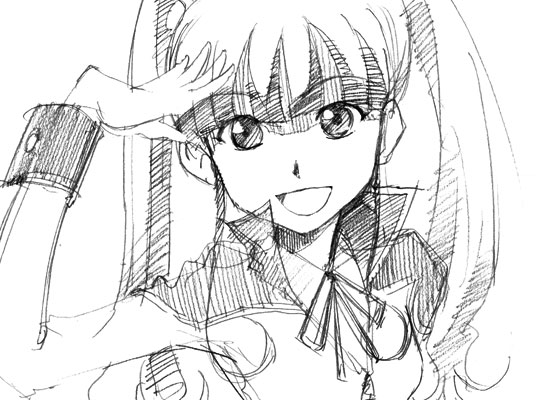 gofu, kayanuma kiko, darker than black, graphite (medium), traditional media, 00s, 1girl, female focus, monochrome, salute, sketch, solo, twintails