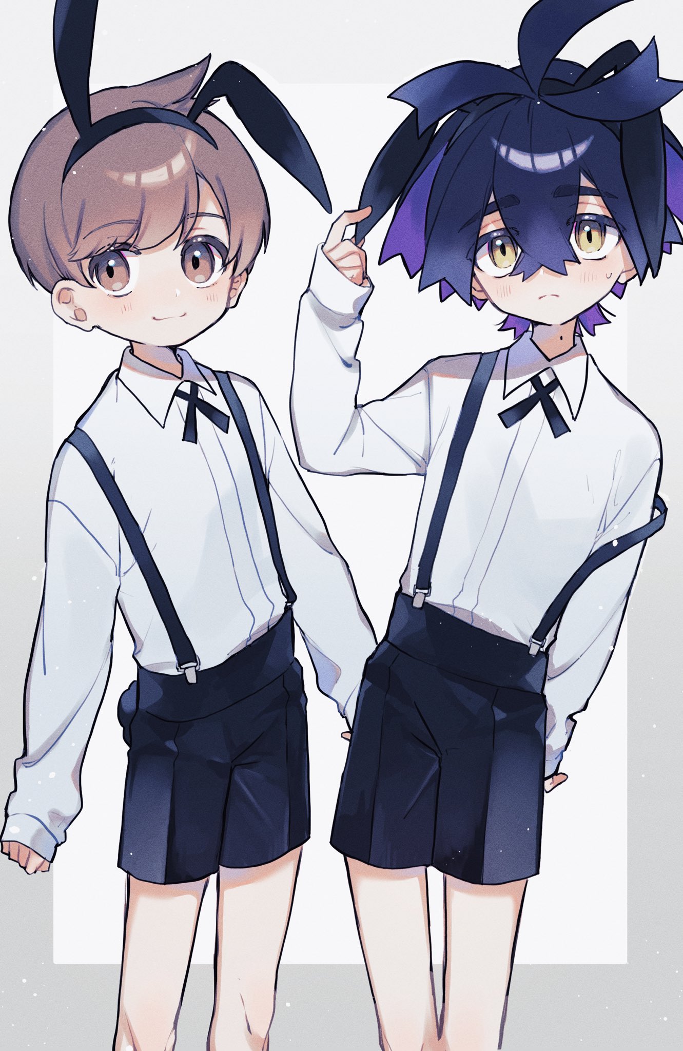 nekojiri, florian (pokemon), kieran (pokemon), nintendo, pokemon, pokemon sv, highres, 2boys, alternate costume, animal ears, arm behind back, black hair, blush, brown eyes, brown hair, closed mouth, collared shirt, colored inner hair, crossed bangs, fake animal ears, long sleeves, looking at viewer, male focus, mole, mole on neck, multicolored hair, multiple boys, purple hair, rabbit ears, shirt, shorts, simple background, sleeves past wrists, suspender shorts, suspenders, sweat, white background, yellow eyes