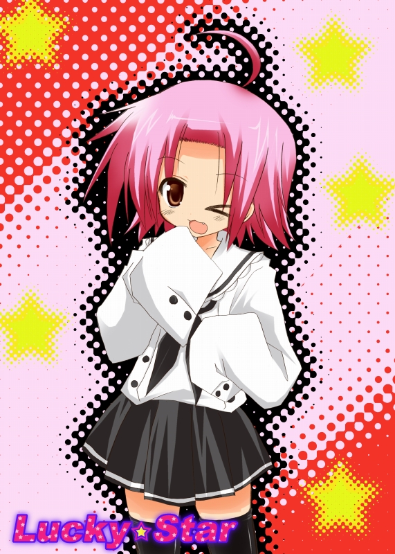 akane souichi, kogami akira, lucky star, 00s, 1girl, alternate legwear, brown eyes, fang, female focus, oversized clothes, pink hair, school uniform, serafuku, solo, thighhighs, zettai ryouiki