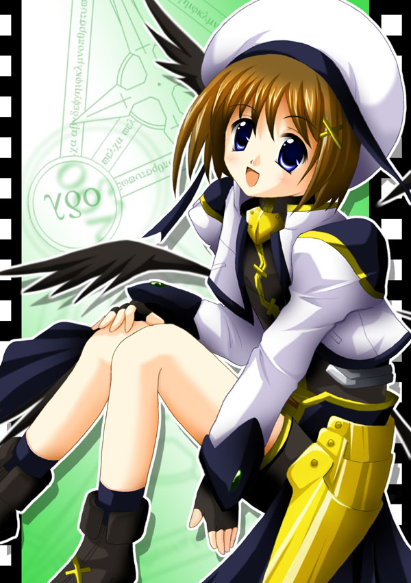 yagami hayate, lyrical nanoha, mahou shoujo lyrical nanoha, mahou shoujo lyrical nanoha strikers, 00s, 1girl, blue eyes, brown hair, female focus, fingerless gloves, gloves, hair ornament, hat, magic circle, magical girl, solo, waist cape, wings, x hair ornament