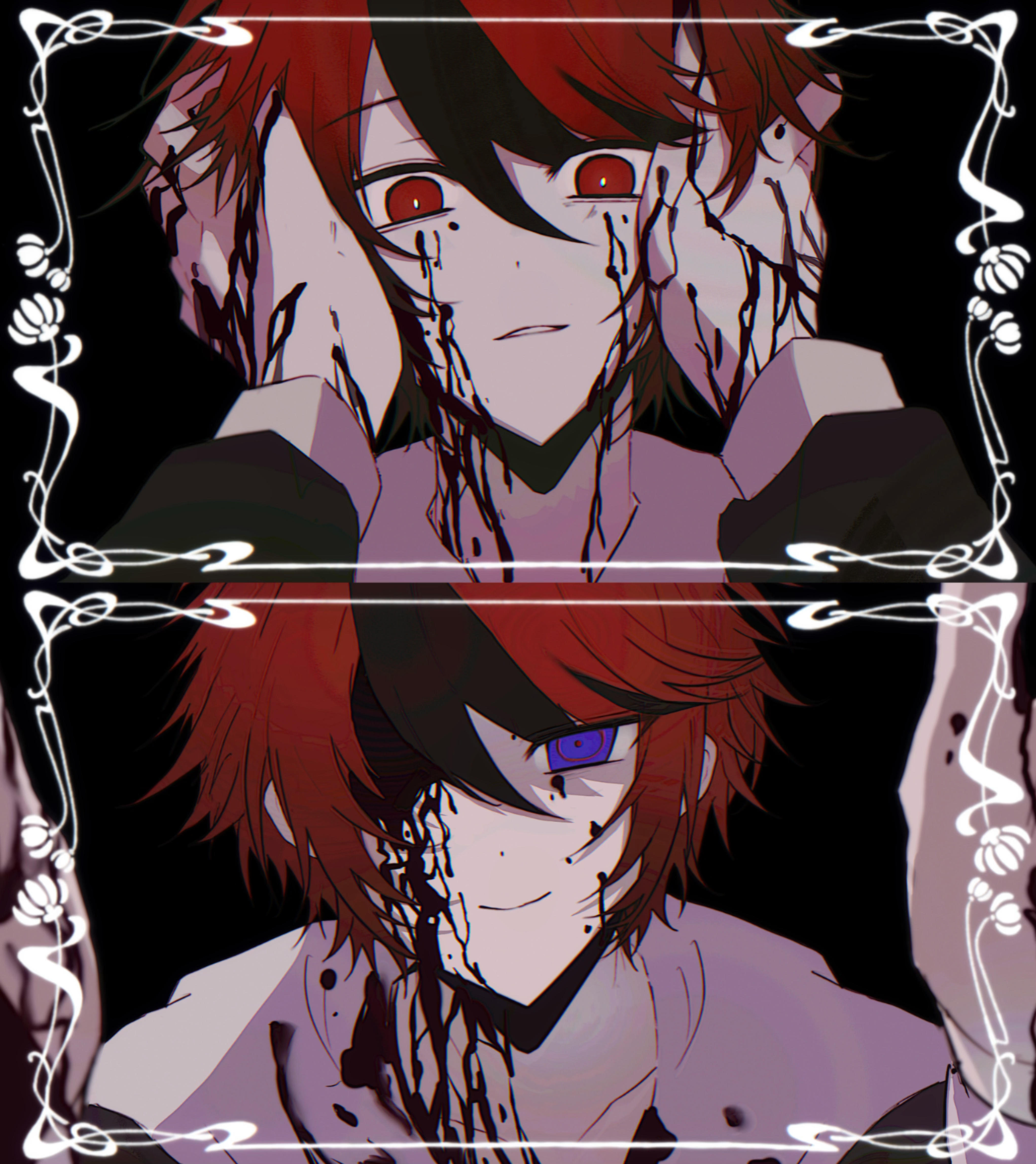 sumino takumi, the hundred line -last defense academy-, absurdres, commentary, english commentary, highres, mixed-language commentary, spoilers, 2boys, black background, black streaks, blood, blood on face, blood on hands, blue eyes, border, bright pupils, dual persona, hands on another's head, hood, hoodie, inset border, kazuko (ayuan96457), male focus, multicolored hair, multiple boys, official alternate eye color, one eye covered, ornate border, parted lips, possessed, pov, pov hands, red hair, selfcest, short hair, smile, split screen, streaked hair, white hoodie, white pupils, yaoi