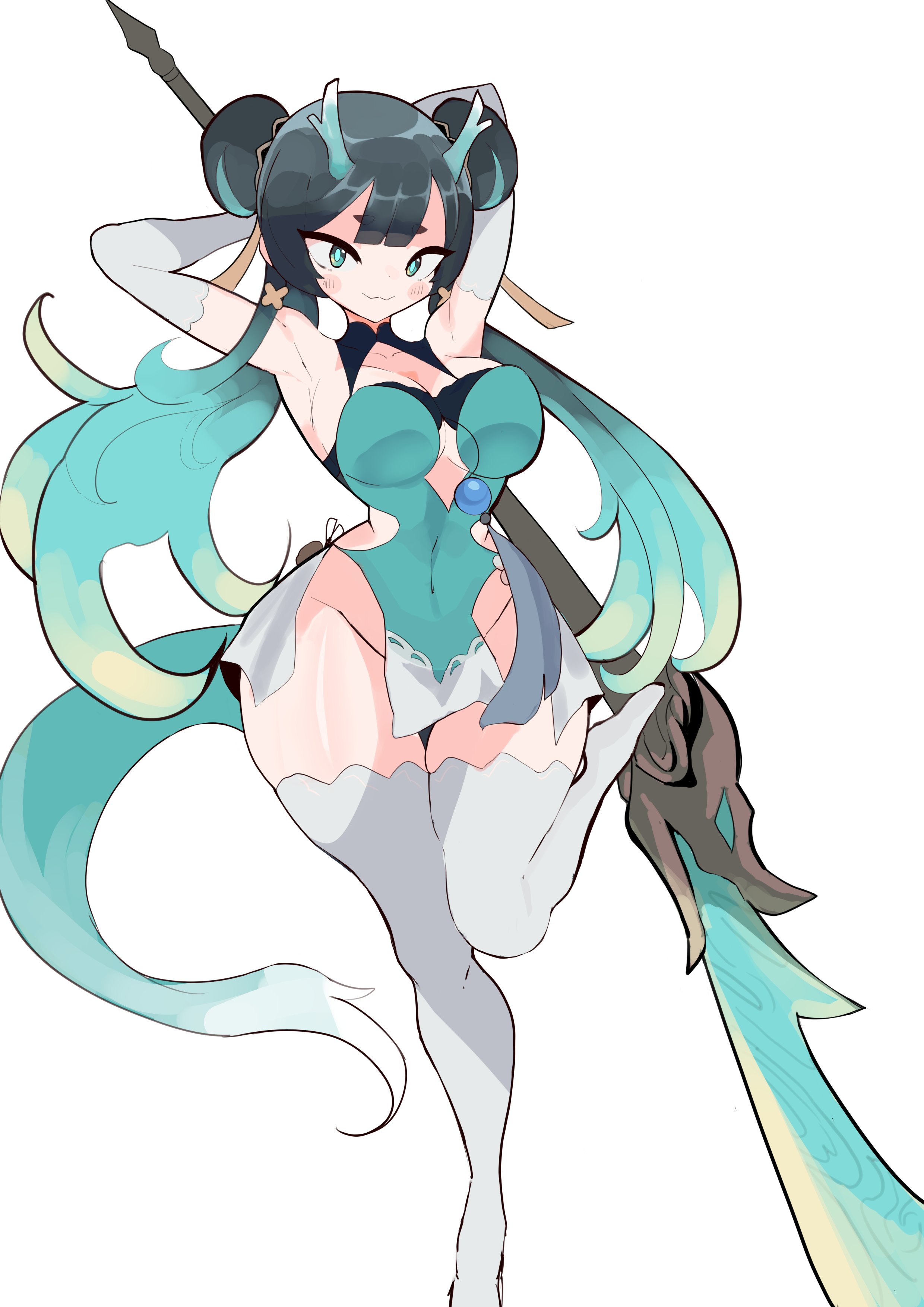 akisas99, original, absurdres, highres, 1girl, black hair, breasts, double bun, elbow gloves, gloves, hair bun, holding, holding polearm, holding weapon, horns, large breasts, looking at viewer, multicolored hair, polearm, solo, tail, thighhighs, two-tone hair, weapon