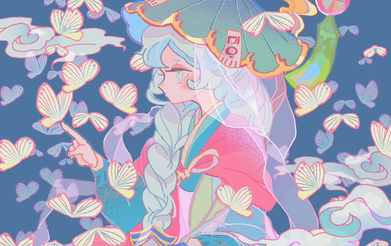 reed, okchun cookie (misty trail hermit), cookie run, cookie run: ovenbreak, commentary, symbol-only commentary, 1girl, aqua hat, blue background, braid, bug, butterfly, butterfly on hand, closed mouth, expressionless, film grain, from side, gold trim, grey eyes, grey hair, hair over shoulder, hand up, hat, humanization, insect, japanese clothes, kimono, long hair, long sleeves, looking at animal, official alternate costume, okchun cookie, profile, puffy long sleeves, puffy sleeves, red kimono, see-through clothes, see-through veil, simple background, solo, twin braids, upper body, veil, white butterfly, white veil
