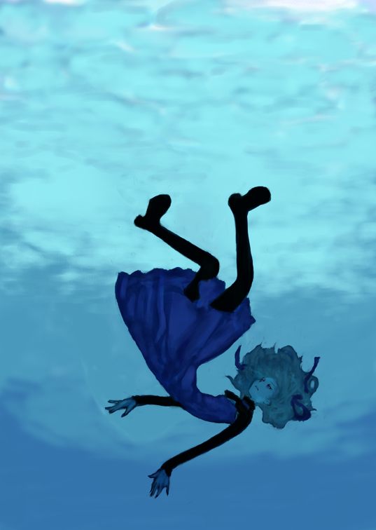 aizawa yoshihiko, yin (darker than black), darker than black, silver hair, 00s, 1girl, asphyxiation, black pantyhose, blue dress, blue theme, closed eyes, dress, drowning, female focus, long sleeves, monochrome, pantyhose, purple dress, short hair, solo, underwater, water