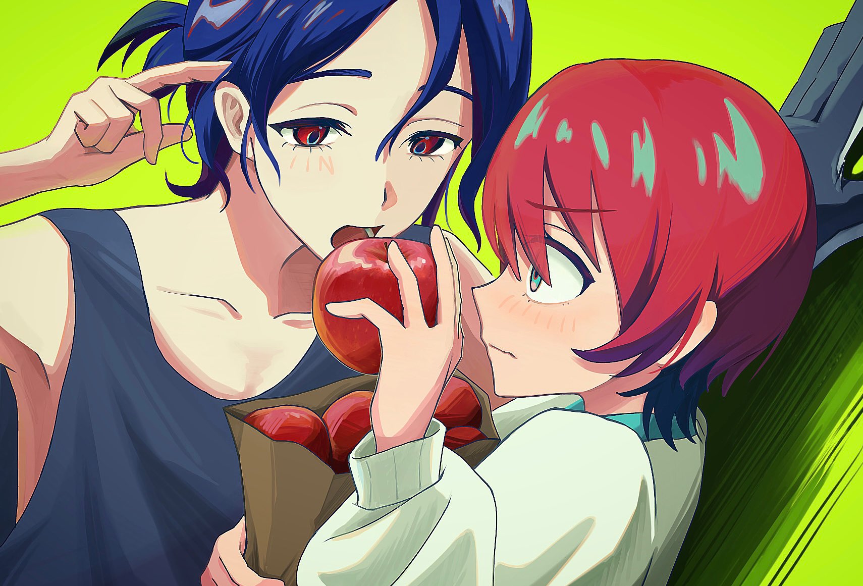 amate yuzuriha, shuji ito, gundam, gundam gquuuuuux, commentary request, highres, 1boy, 1girl, against wall, apple, aqua eyes, aqua shirt, bag, black gloves, black tank top, blue hair, blush, cardigan, eating, embarrassed, feeding, food, fruit, gloves, grocery bag, hair behind ear, holding, holding bag, holding food, holding fruit, imminent bite, kabedon, long sleeves, multicolored hair, open mouth, paper bag, petyomotyo, red eyes, red hair, shirt, shopping bag, short hair, single glove, sweater, tank top, tucking hair, two-tone hair, wavy mouth, white cardigan, white sweater