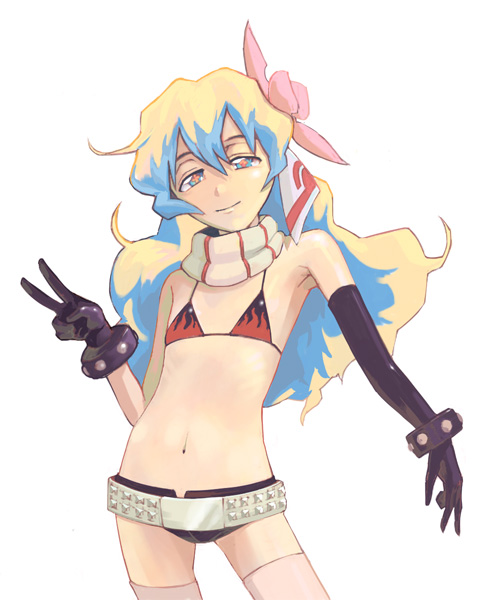 guitar (guitars), nia teppelin, yoko littner, tengen toppa gurren lagann, 1girl, belt, bikini, bikini top only, cosplay, female focus, flat chest, flower, gloves, hair flower, hair ornament, long hair, midriff, multicolored hair, pink thighhighs, scarf, short shorts, shorts, simple background, solo, striped clothes, striped scarf, swimsuit, thighhighs, v, yoko littner (cosplay)