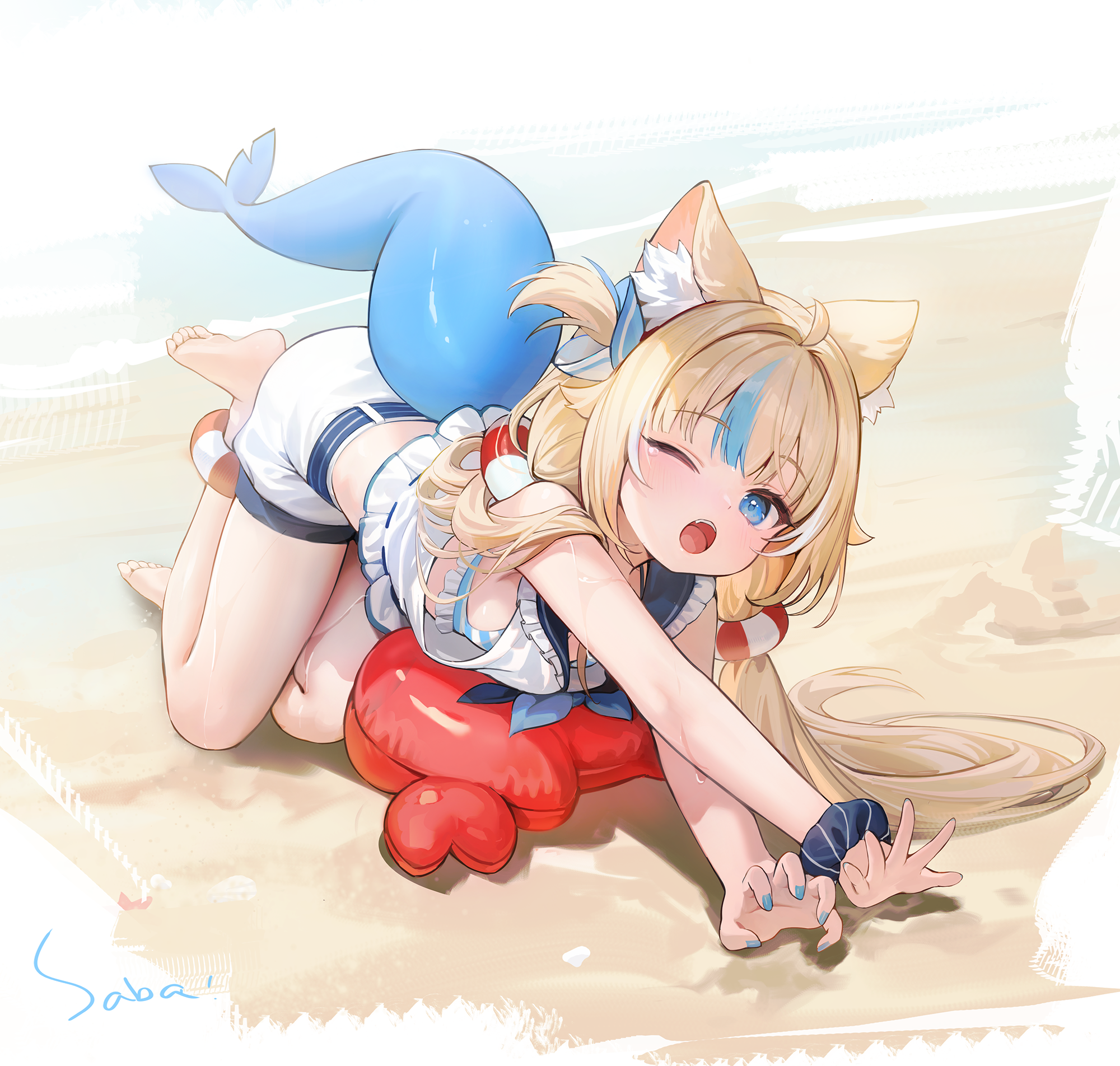 hansum, sameko saba, indie virtual youtuber, highres, 1girl, ahoge, animal ear fluff, animal ears, barefoot, beach, bikini, bikini under clothes, blonde hair, blue bikini, blue eyes, blue hair, blue nails, blue sailor collar, blue scrunchie, dress, fins, fish girl, fish tail, frilled bikini, frills, hair flaps, lifebuoy anklet, lifebuoy hair ornament, long hair, low twintails, multicolored hair, nail polish, one eye closed, one side up, open mouth, sailor collar, sailor dress, scrunchie, shorts, streaked hair, stretching, striped bikini, striped clothes, striped scrunchie, swimsuit, tail, twintails, very long hair, virtual youtuber, white shorts, wrist scrunchie, yawning