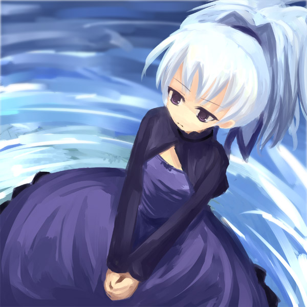 kuro (be ok), yin (darker than black), darker than black, silver hair, 00s, 1girl, breasts, cleavage, cleavage cutout, clothing cutout, cowboy shot, dress, female focus, from above, long sleeves, own hands together, ponytail, purple dress, purple eyes, small breasts, solo, wading, water