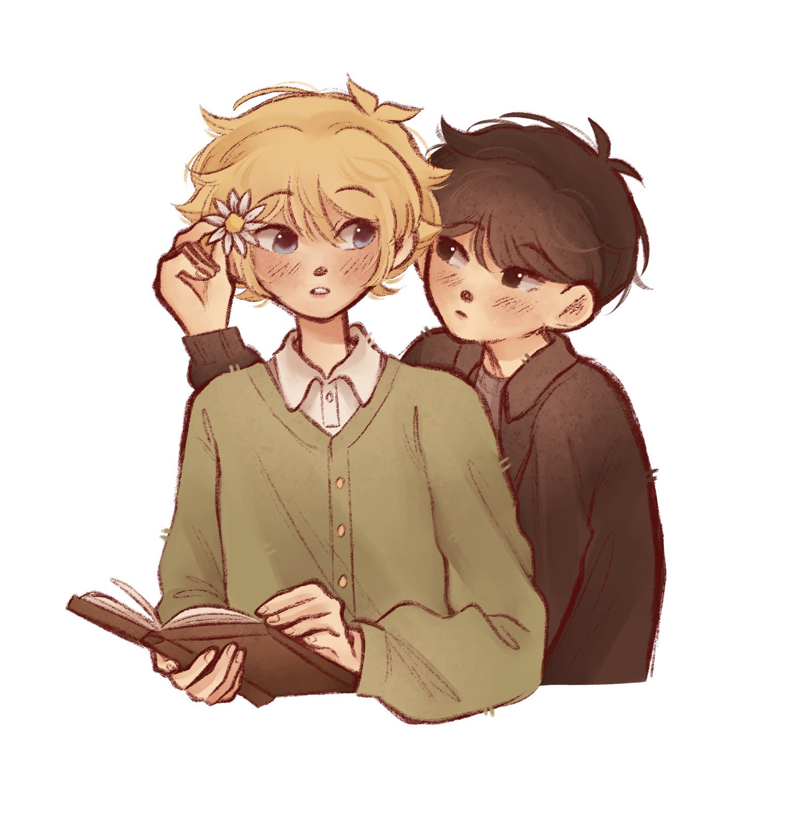 ginakusgf, basil (faraway) (omori), basil (omori), sunny (omori), omori, highres, 2boys, alternate costume, antenna hair, black eyes, black hair, blonde hair, blue eyes, book, closed mouth, collared shirt, flower, hair flower, hair ornament, holding, holding book, long sleeves, looking at another, male focus, multiple boys, parted lips, shirt, short hair, sidelocks, simple background, white background, white shirt