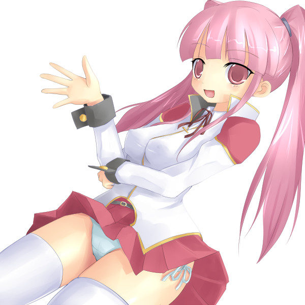 kuro (be ok), kayanuma kiko, darker than black, 00s, 1girl, female focus, panties, pantyshot, pink eyes, pink hair, simple background, skirt, solo, thighhighs, twintails, underwear, upskirt, waving, white background