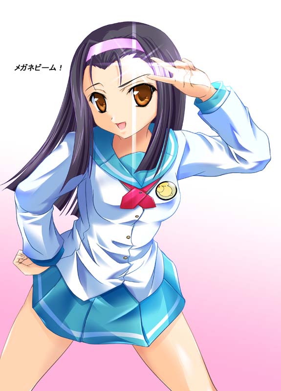 maho (yakimorokoshi), minase iori, idolmaster, idolmaster xenoglossia, 00s, 1girl, black hair, blue skirt, brown eyes, emblem, female focus, glint, gradient background, hairband, lapel pin, long sleeves, looking at viewer, pleated skirt, school uniform, serafuku, shirt, simple background, skirt, solo, v, v over eye, white shirt