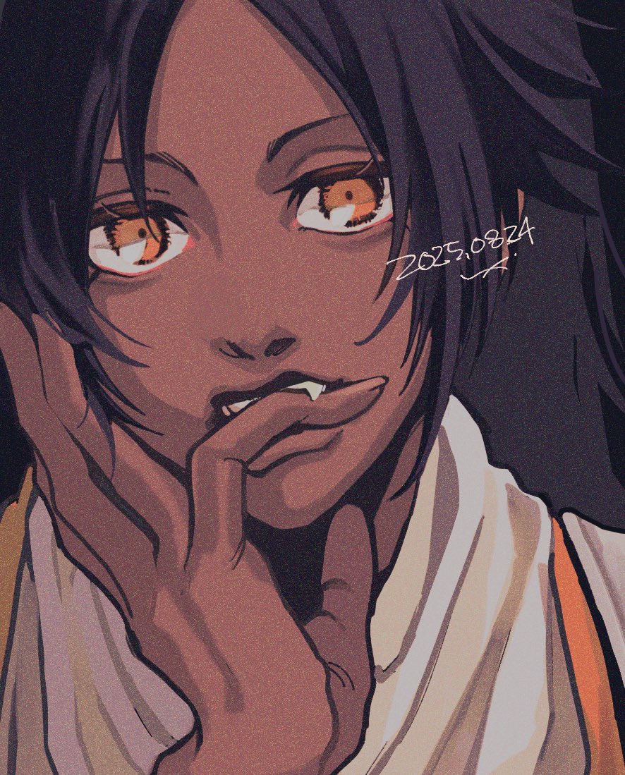 ch9191, shihouin yoruichi, bleach, commentary, symbol-only commentary, 1girl, 2025, black hair, colored eyelashes, dark-skinned female, dark skin, dated, eyebrows hidden by hair, fang, film grain, finger in own mouth, hand up, lips, looking at viewer, nose, orange eyes, parted bangs, portrait, solo, teeth, upper teeth only