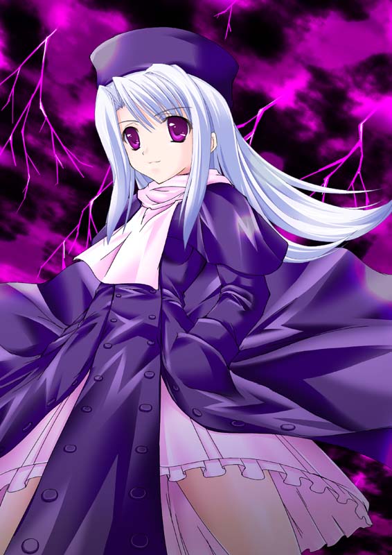 maho (yakimorokoshi), illyasviel von einzbern, fate/stay night, fate (series), silver hair, 00s, 1girl, ascot, beret, closed mouth, dress, expressionless, female focus, frilled dress, frills, hat, juliet sleeves, long sleeves, looking at viewer, puffy long sleeves, puffy sleeves, purple dress, purple hat, red eyes, side slit, solo, standing