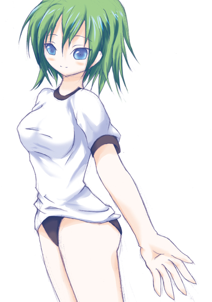 hexa, tagme, 1girl, blue eyes, blush, breasts, female focus, green hair, gym uniform, short hair, simple background, solo, standing, white background