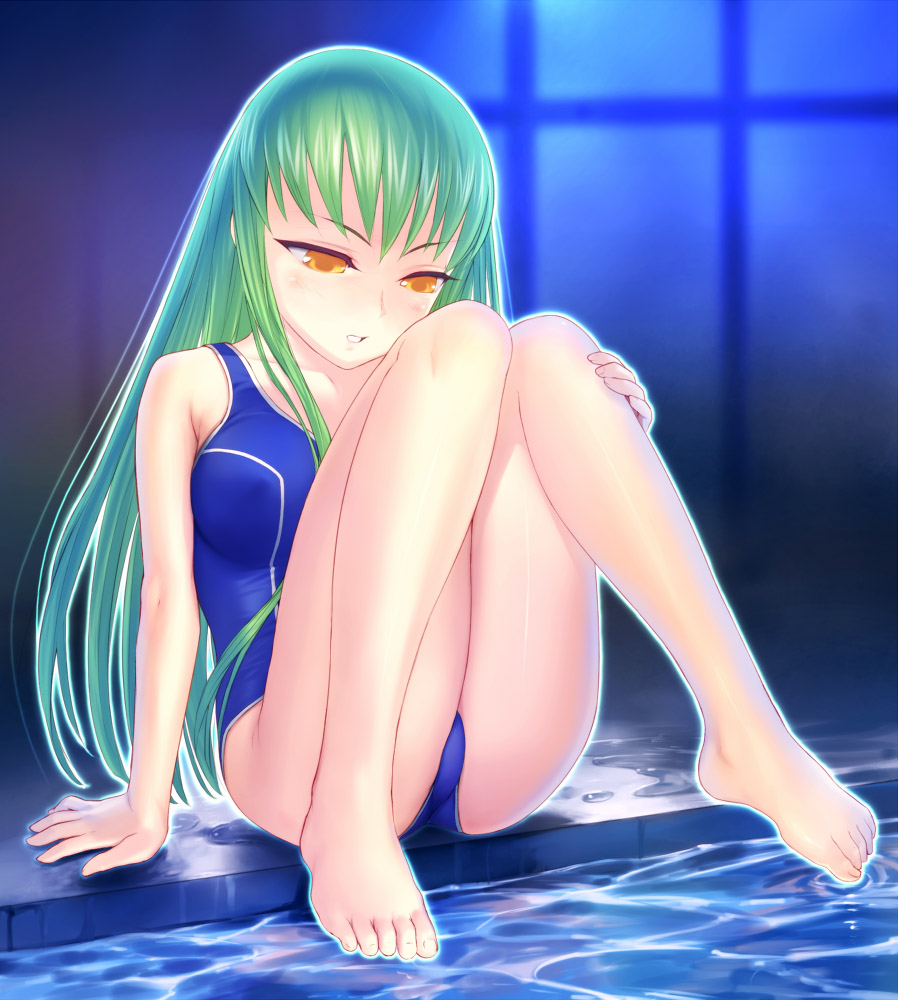 uni (plastic girl), c.c., code geass, 00s, 1girl, barefoot, breasts, feet, female focus, green hair, legs, long hair, one-piece swimsuit, sitting, solo, swimsuit, yellow eyes