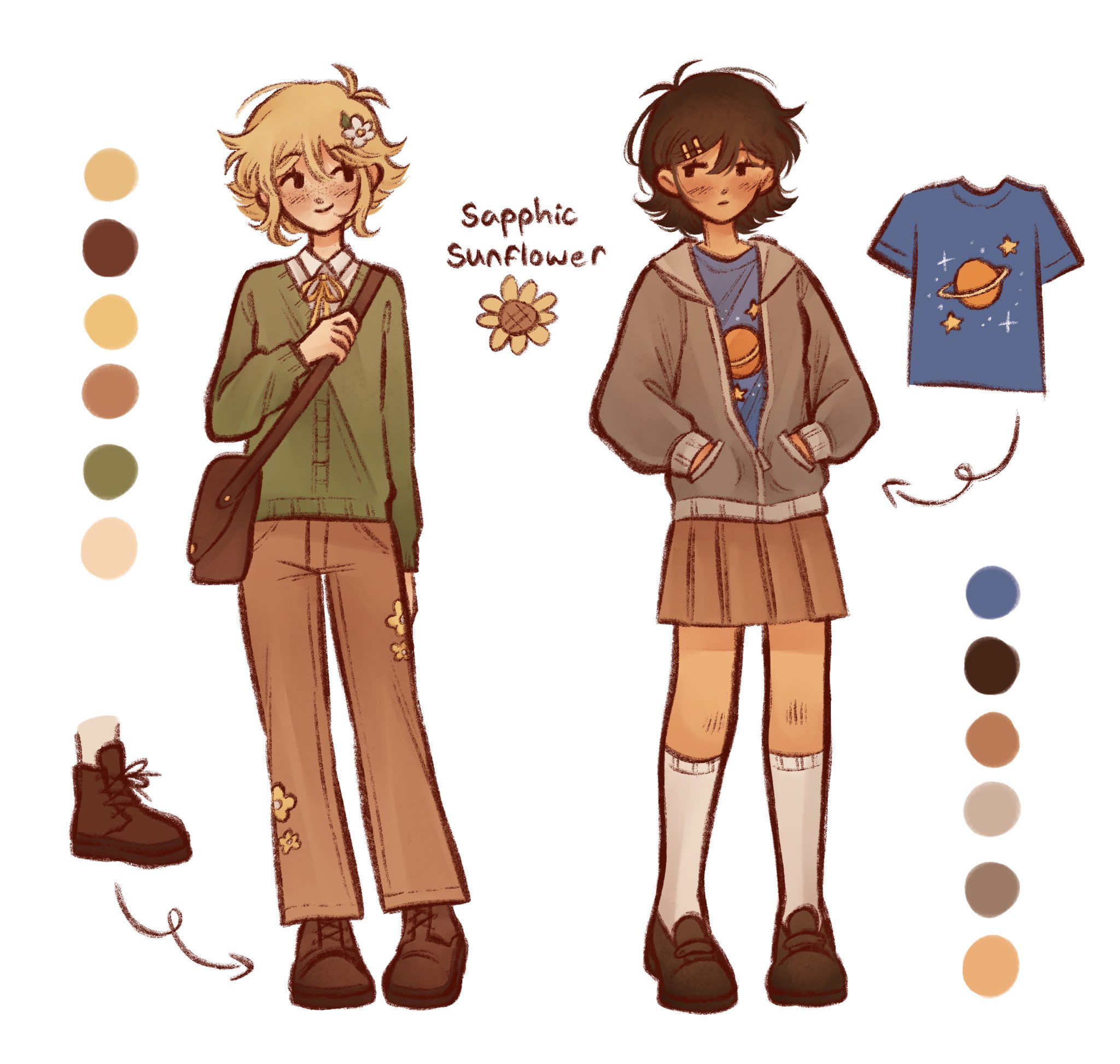 ginakusgf, basil (faraway) (omori), basil (omori), sunny (omori), omori, highres, 2girls, alternate costume, alternate eye color, antenna hair, arrow (symbol), black eyes, black hair, black shoes, blonde hair, blue shirt, blush, boots, brown boots, brown pants, cardigan, closed mouth, collared shirt, color guide, flower, green cardigan, grey hoodie, hair flower, hair ornament, hairclip, hands in pockets, hood, hood down, hoodie, kneehighs, loafers, looking at another, multiple girls, pants, parallel hairclips, partially unzipped, shirt, shoes, short hair, sidelocks, smile, socks, t-shirt, white shirt, white socks