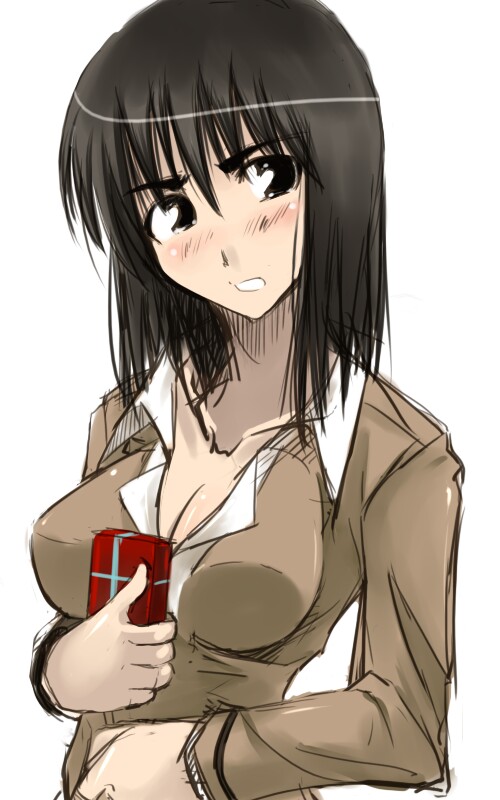 suou mikoto (school rumble), school rumble, 00s, 1girl, black eyes, black hair, blush, breasts, clenched teeth, female focus, gift, medium breasts, school uniform, short hair, simple background, solo, teeth, white background