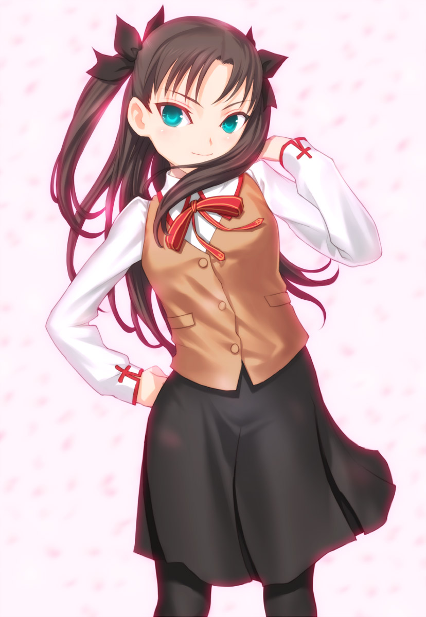 uni (plastic girl), tohsaka rin, fate/stay night, fate (series), highres, 00s, 1girl, female focus, homurabara academy school uniform, pantyhose, school uniform, serafuku, solo