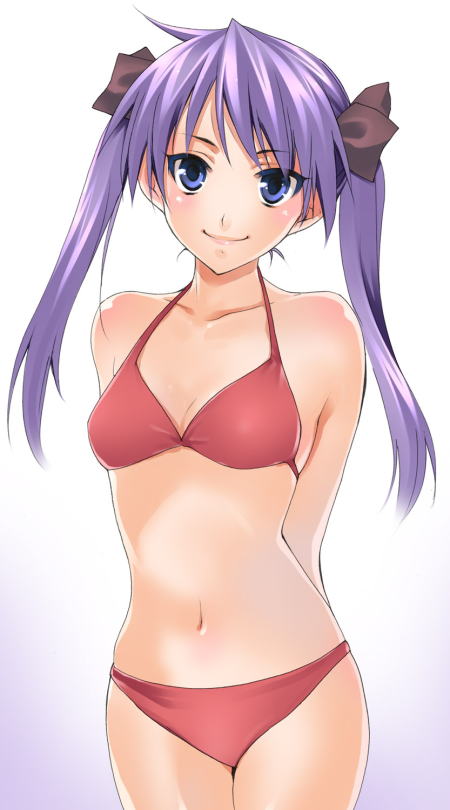 azu, hiiragi kagami, lucky star, bad id, 00s, 1girl, belly, bikini, blue eyes, breasts, female focus, hair ribbon, looking at viewer, purple hair, red bikini, ribbon, simple background, small breasts, smile, solo, stomach, swimsuit, twintails