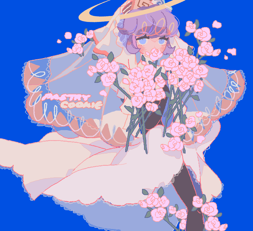 reed, pastry cookie, cookie run, cookie run: kingdom, commentary, symbol-only commentary, 1girl, black gloves, black pantyhose, blue background, blush, covered mouth, dress, elbow gloves, feet out of frame, film grain, flower, gloves, hair between eyes, halo, hands up, hat, holding, holding flower, humanization, lace, lace-trimmed dress, lace trim, looking at viewer, medium dress, nun, pantyhose, pink flower, pink rose, purple hair, rose, see-through clothes, see-through veil, short hair, simple background, solo, standing, swept bangs, upturned eyes, veil, white dress, white hat, white veil, yellow halo