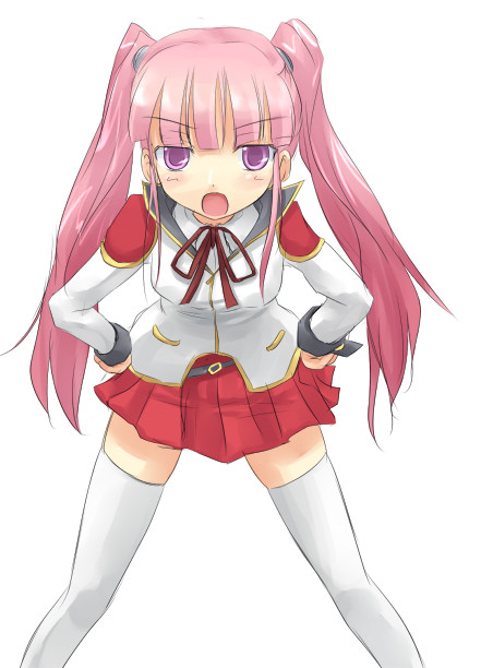 kuro (be ok), kayanuma kiko, darker than black, 00s, 1girl, female focus, hands on own hips, open mouth, pink hair, purple eyes, simple background, skirt, solo, thighhighs, twintails, white background, white thighhighs