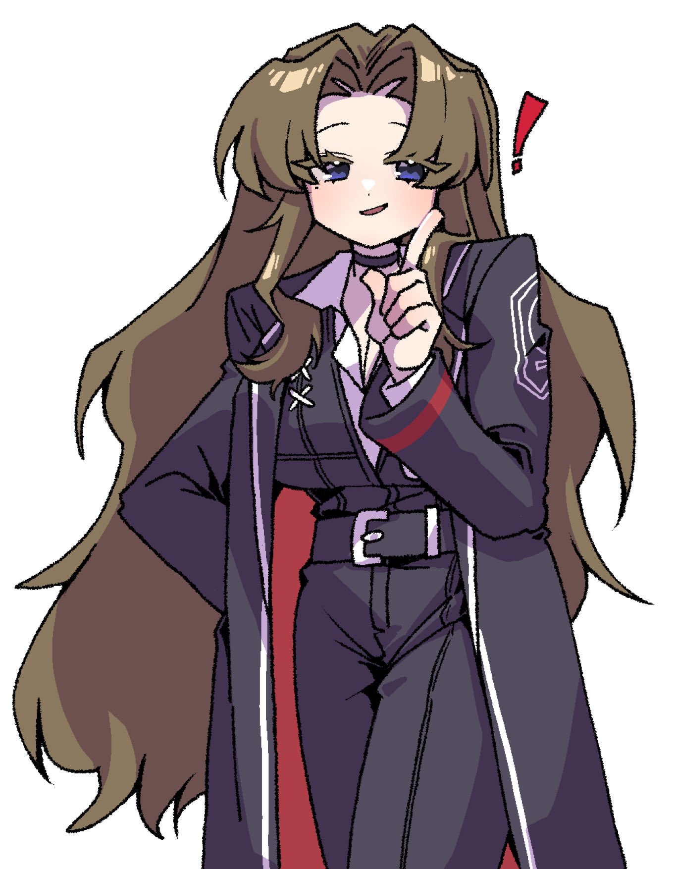 nantekottawo!!, rodion (project moon), limbus company, project moon, commentary request, highres, !, 1girl, black choker, black coat, black pants, black vest, blue eyes, brown hair, choker, coat, collared shirt, long hair, long sleeves, looking at viewer, pants, parted bangs, pointing, shirt, simple background, smile, solo, standing, upper body, very long hair, vest, white background, white shirt