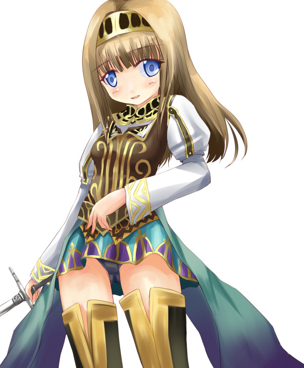 kuro (be ok), alicia, valkyrie profile (series), blush, headband, panties, simple background, sword, underwear, weapon, white background