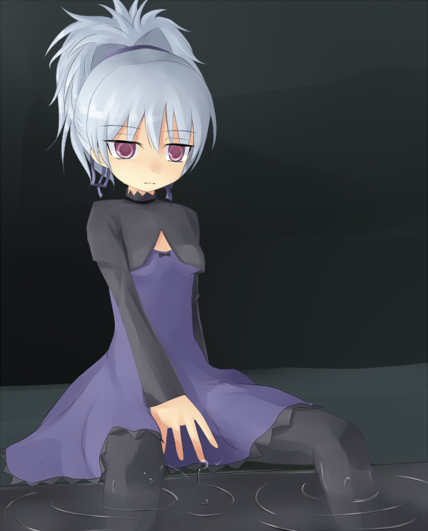 kuro (be ok), yin (darker than black), darker than black, silver hair, 00s, 1girl, black pantyhose, dress, empty eyes, female focus, hair ribbon, jitome, long hair, navel, pantyhose, ponytail, purple eyes, purple skirt, ribbon, sitting, skirt, soaking feet, solo, water