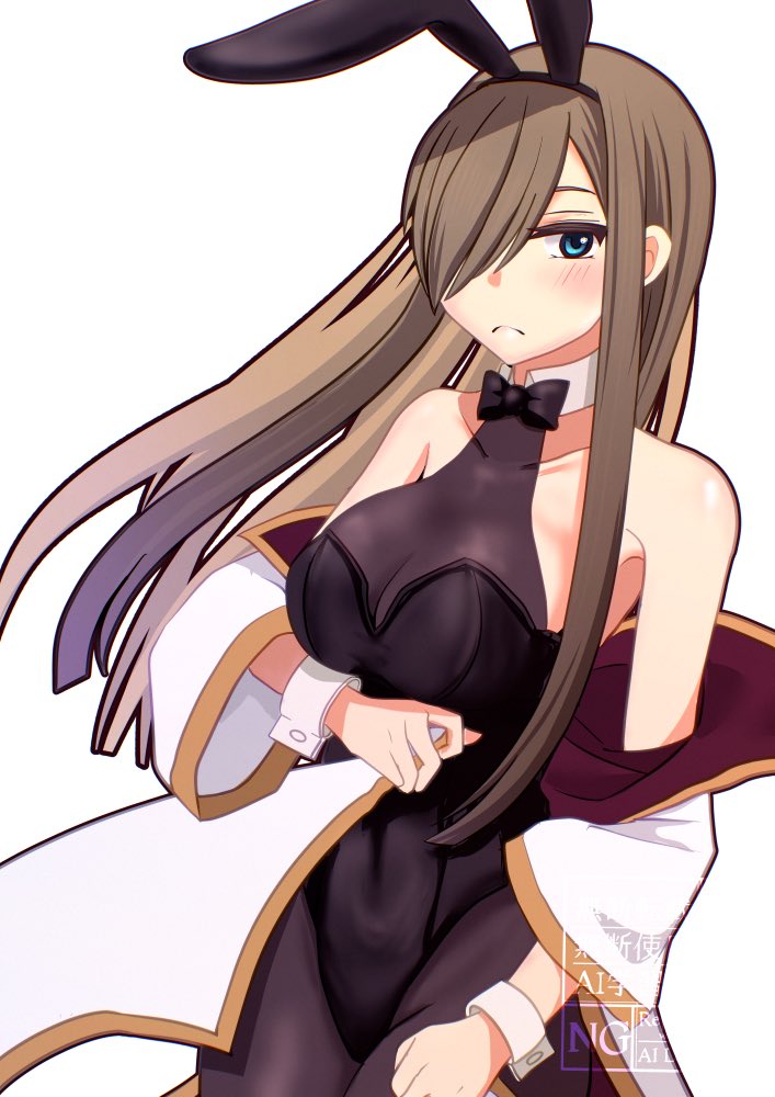komegura, tear grants, tales of (series), tales of the abyss, commentary request, 1girl, animal ears, bare shoulders, black bow, black bowtie, black leotard, black pantyhose, blue eyes, blush, bow, bowtie, breasts, brown hair, bunny day, closed mouth, collarbone, covered navel, cowboy shot, fake animal ears, hair behind ear, hair over one eye, jacket, large breasts, leotard, long hair, looking at viewer, pantyhose, playboy bunny, rabbit ears, see-through cleavage, see-through clothes, sidelocks, solo, white background, white jacket, wrist cuffs