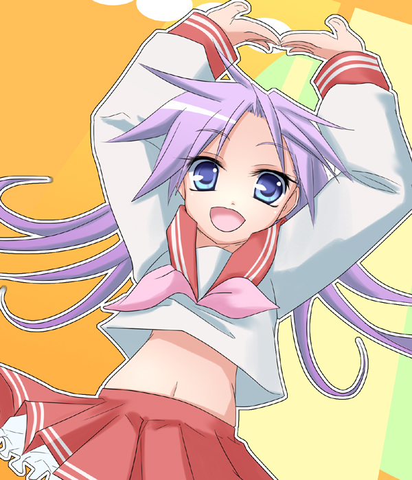 wapokichi, hiiragi kagami, lucky star, tagme, 00s, 1girl, female focus, navel, school uniform, serafuku, shirt, skirt, solo, standing