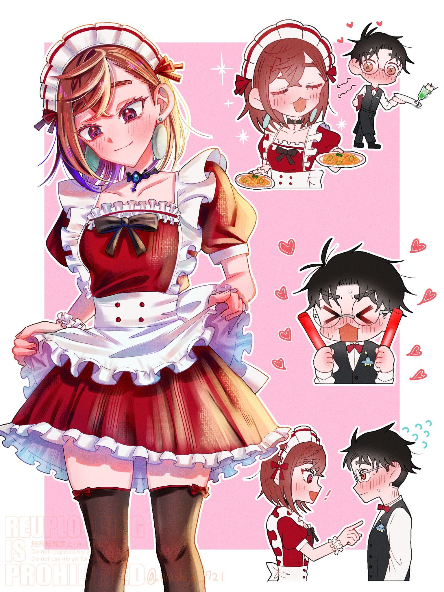 ayase momo, takakura ken (dandadan), dandadan, commentary, highres, > <, 1boy, 1girl, apron, apron lift, black choker, black hair, black ribbon, black thighhighs, black vest, blush, border, bow, bowtie, brown eyes, brown hair, choker, clothes lift, crossed bangs, dress, drink, earrings, feet out of frame, flying sweatdrops, frilled apron, frilled headband, frills, glasses, hairband, heart, holding, holding lightstick, holding plate, jewelry, looking at another, multiple views, official alternate costume, open mouth, outside border, pink background, plate, profile, puffy short sleeves, puffy sleeves, red bow, red bowtie, red dress, ribbon, round eyewear, short hair, short sleeves, smile, sparkle, thighhighs, upper body, vest, washija 721, white apron, white border, white hairband, zettai ryouiki