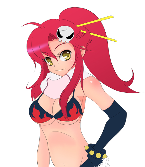 wapokichi, yoko littner, tengen toppa gurren lagann, tagme, 00s, 1girl, breasts, cleavage, female focus, gloves, simple background, solo, standing, white background