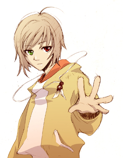 maki (darker than black), darker than black, 00s, 1boy, blonde hair, fighting stance, heterochromia, hood, hoodie, male focus, simple background, solo, white background