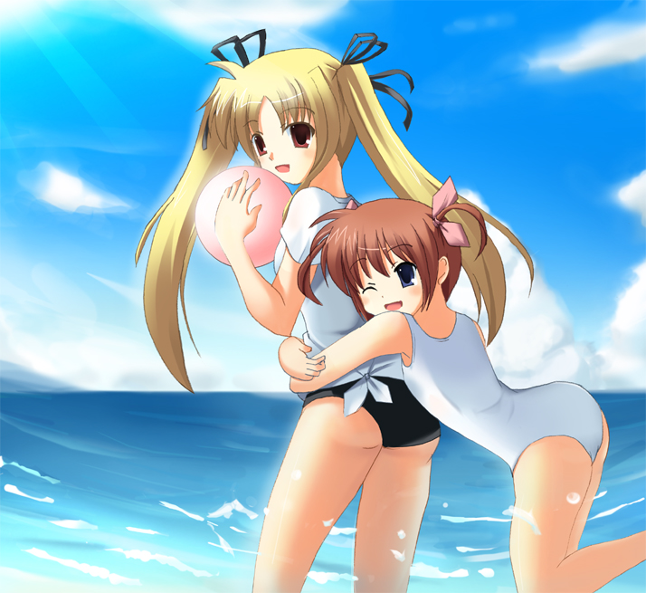 odaya, odayan, fate testarossa, takamachi nanoha, lyrical nanoha, mahou shoujo lyrical nanoha, 00s, 2girls, ball, beach, blonde hair, day, hug, hug from behind, multiple girls, one-piece swimsuit, one eye closed, swimsuit, twintails, white one-piece swimsuit
