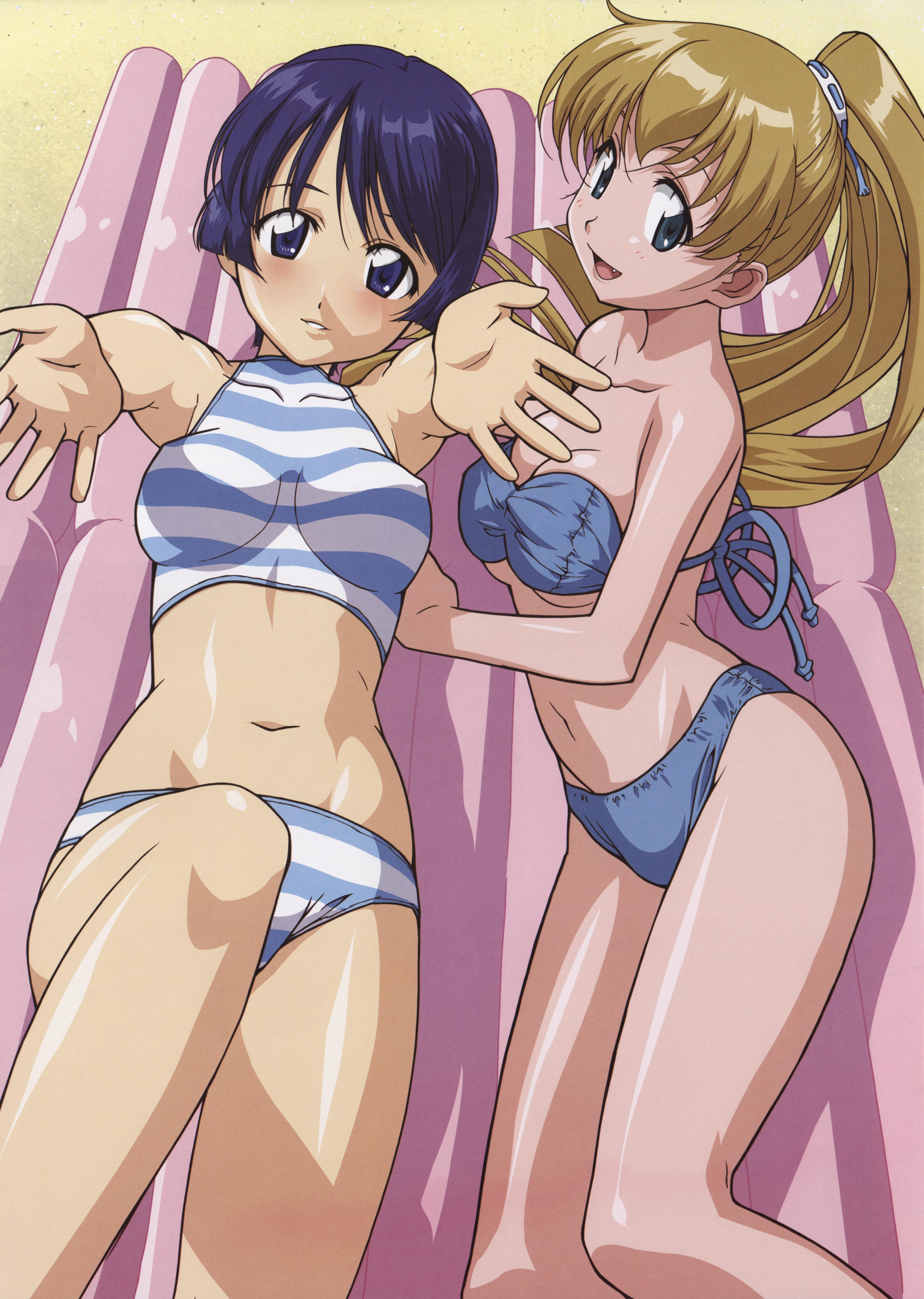 sakuraba aoi, tina foster, ai yori aoshi, absurdres, highres, official art, 2girls, bare shoulders, bikini, blonde hair, blue eyes, blue hair, blush, breasts, fang, long hair, lying, midriff, multiple girls, navel, on back, on side, outstretched hand, ponytail, purple eyes, purple hair, short hair, strapless, strapless bikini, swimsuit