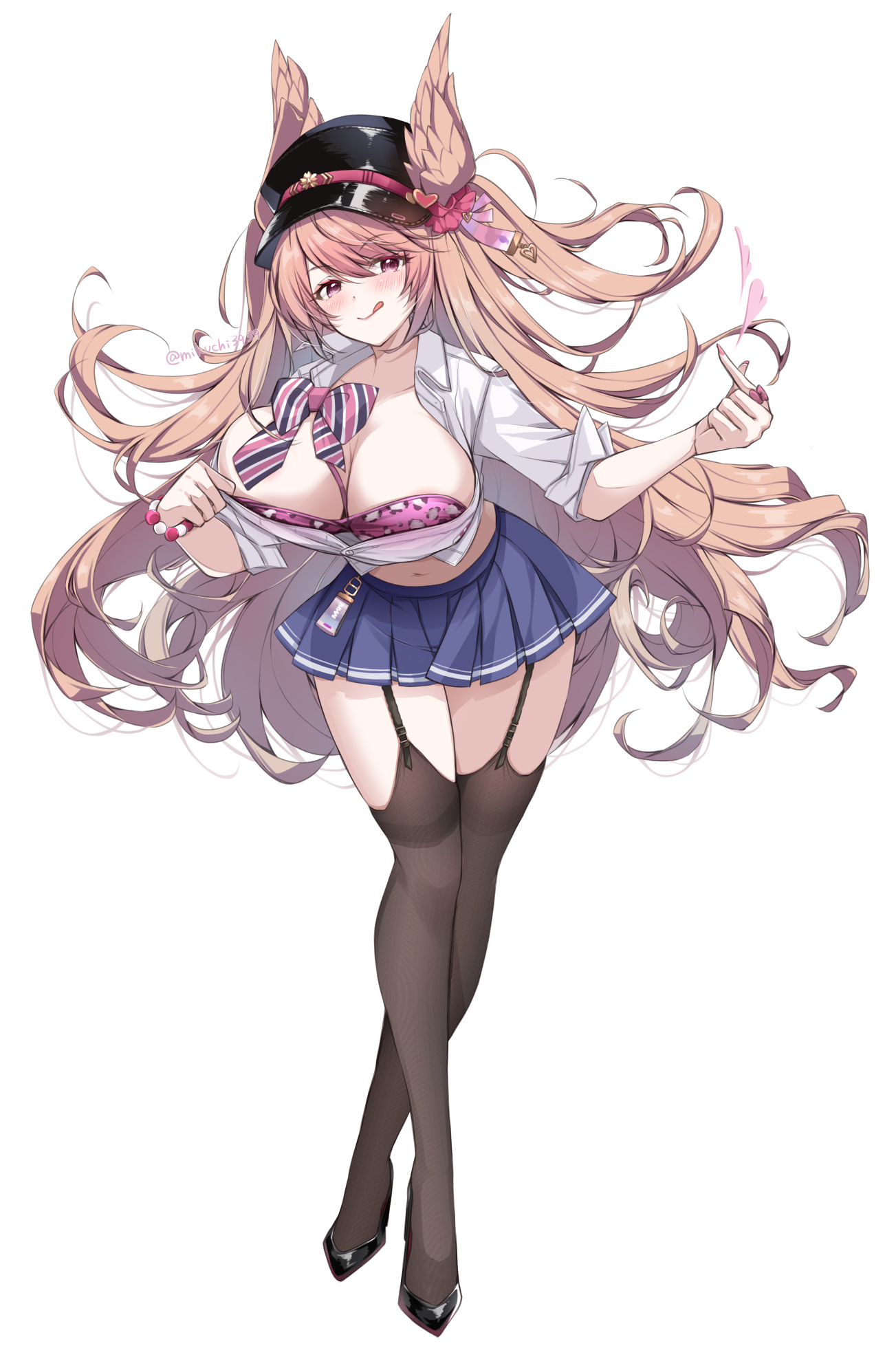 mikuchi3939, nachi (azur lane), nachi (retrofit) (azur lane), azur lane, hashtag-only commentary, highres, 1girl, :q, amesuku gyaru, black garter straps, black hat, black shoes, black thighhighs, blue skirt, bow, bowtie, bra, bra peek, breasts, brown hair, cleavage, collared shirt, crossed legs, full body, garter straps, gyaru, hair ornament, hat, kogal, large breasts, leaning forward, long hair, looking at viewer, miniskirt, partially unbuttoned, peaked cap, pink bra, pink eyes, pleated skirt, print bra, shirt, shoes, simple background, skirt, solo, striped bow, striped bowtie, striped clothes, thighhighs, tongue, tongue out, underwear, very long hair, white background, white shirt, wing hair ornament