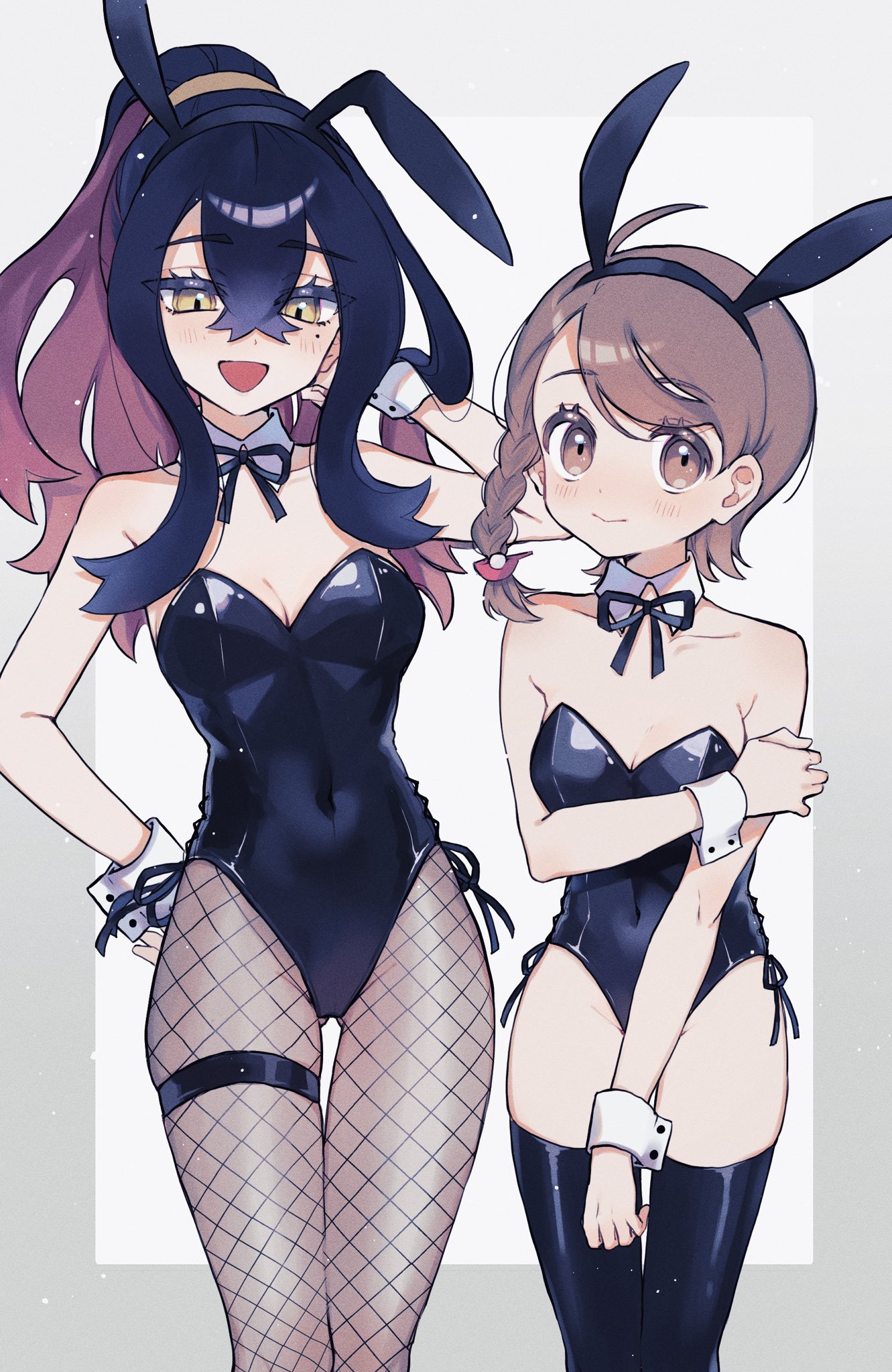 nekojiri, carmine (pokemon), juliana (pokemon), nintendo, pokemon, pokemon sv, highres, 2girls, animal ears, bare shoulders, black hair, blush, bow, bowtie, braid, breasts, brown eyes, brown hair, cleavage, closed mouth, crossed bangs, detached collar, fake animal ears, fishnet pantyhose, fishnets, hand in own hair, hand on own arm, leotard, long hair, looking at viewer, mole, mole under eye, multicolored hair, multiple girls, open mouth, pantyhose, playboy bunny, rabbit ears, red hair, simple background, small breasts, strapless, strapless leotard, thighhighs, wrist cuffs