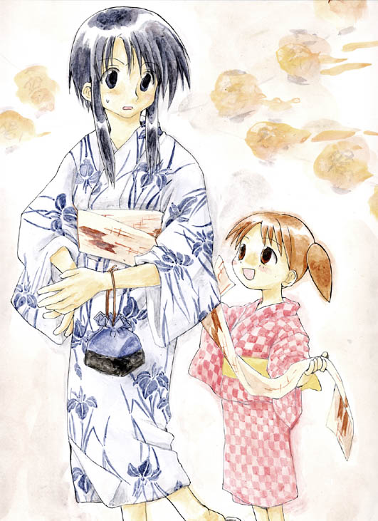 kurosawa minamo, mihama chiyo, azumanga daiou, tagme, 2girls, japanese clothes, kimono, multiple girls