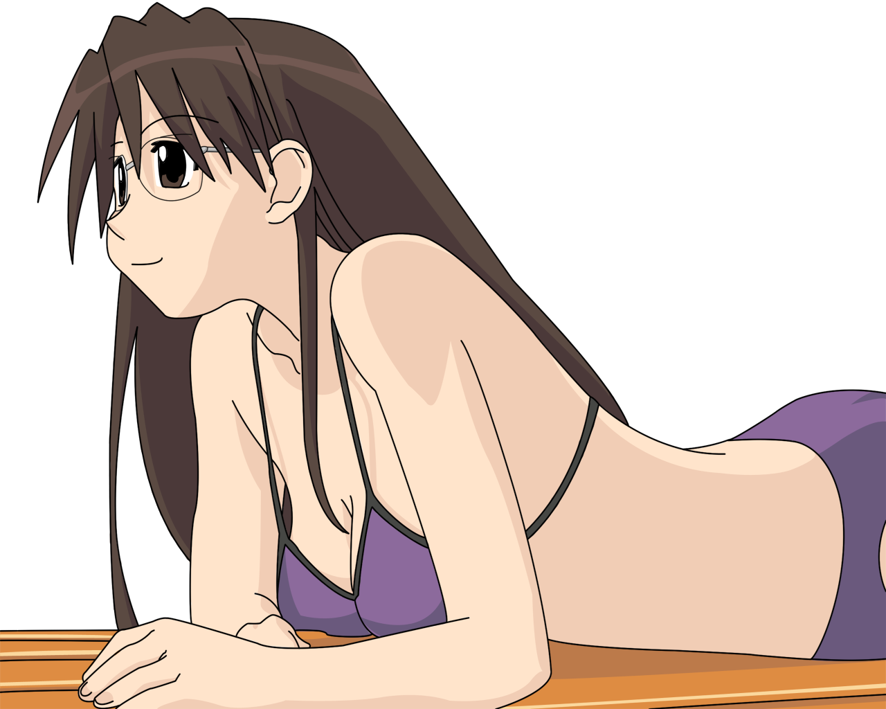 mizuhara koyomi, azumanga daiou, derivative work, tagme, vector trace, bikini, brown eyes, brown hair, collarbone, glasses, long hair, lying, on stomach, simple background, swimsuit, white background