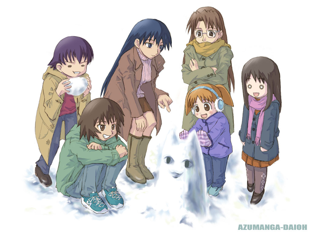 kagura, kagura (azumanga daioh), kasuga ayumu, mihama chiyo, mizuhara koyomi, sakaki (azumanga daioh), takino tomo, azumanga daiou, 6+girls, blue hair, brown eyes, brown hair, child, copyright name, everyone, glasses, gloves, long hair, multiple girls, orange hair, purple hair, short twintails, snow, twintails, white background, winter