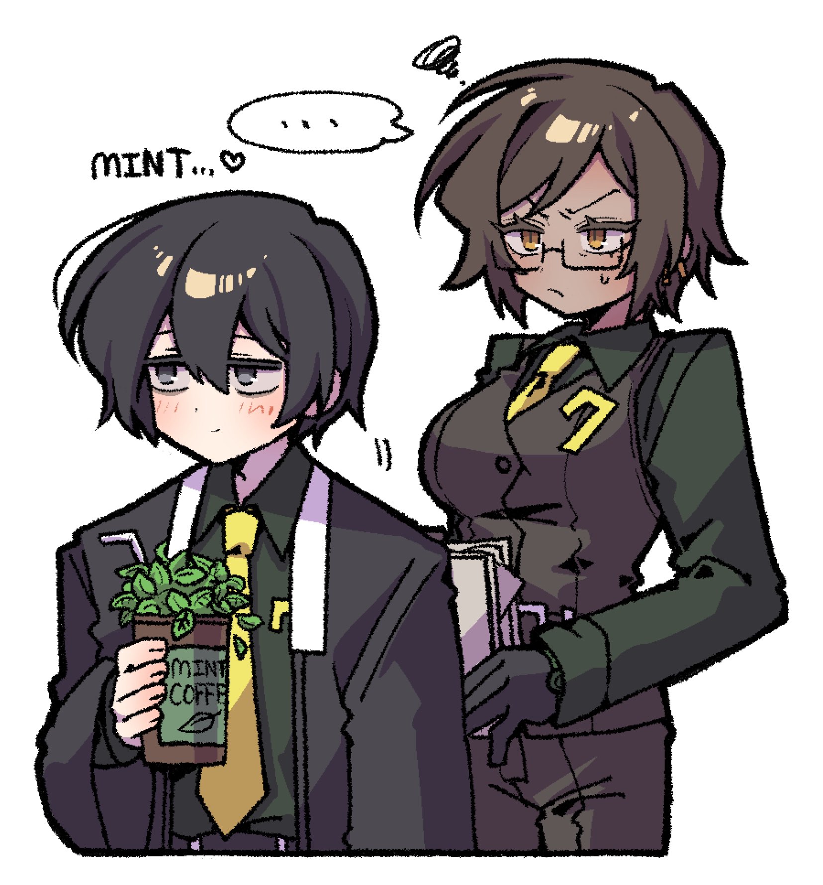 nantekottawo!!, outis (project moon), yi sang (project moon), limbus company, project moon, highres, …, 1boy, 1girl, black eyes, black gloves, black hair, black shirt, brown hair, brown vest, closed mouth, collared shirt, cup, dark-skinned female, dark skin, glasses, gloves, green jacket, green shirt, holding, holding cup, jacket, long sleeves, looking at another, looking at viewer, mint, necktie, seven association south uniform, shirt, short hair, simple background, standing, upper body, vest, white background, yellow eyes, yellow necktie