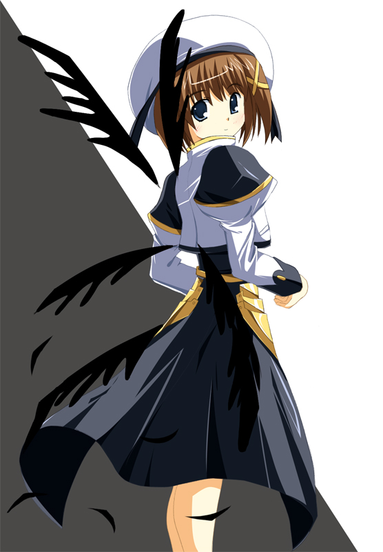 odaya, odayan, yagami hayate, lyrical nanoha, mahou shoujo lyrical nanoha, mahou shoujo lyrical nanoha strikers, 00s, 1girl, black wings, feathers, female focus, hair ornament, hat, magical girl, no gloves, solo, waist cape, wings, x hair ornament