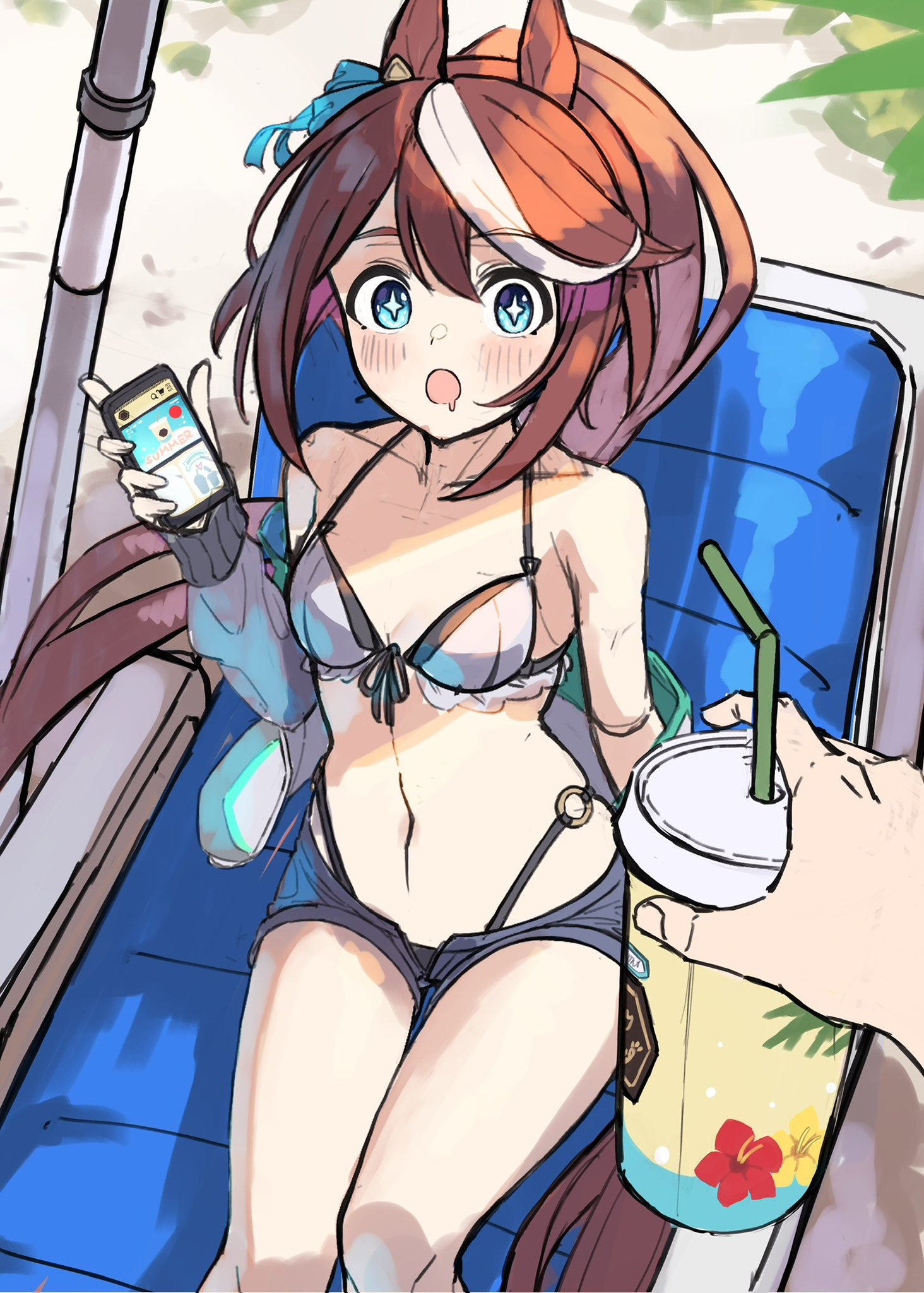 iam (tetsu0ekaki), tokai teio (umamusume), umamusume, commentary request, highres, unfinished, + +, 1girl, 1other, animal ears, bare shoulders, bikini, blue eyes, blush, breasts, brown hair, chair, collarbone, cup, disposable cup, drinking straw, drooling, ear ornament, holding, holding cup, holding phone, horse ears, horse girl, horse tail, jacket, long hair, lounge chair, mouth drool, multicolored hair, off shoulder, open mouth, outdoors, phone, ponytail, shorts, sitting, small breasts, solo, streaked hair, swimsuit, tail, white bikini