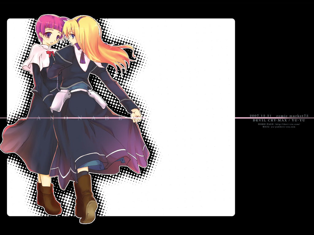yu yu, carim gracia, schach nouera, lyrical nanoha, mahou shoujo lyrical nanoha, mahou shoujo lyrical nanoha strikers, brown footwear, 00s, 2007, 2girls, black dress, blonde hair, blush, boots, dated, dress, from behind, hairband, knee boots, long hair, long sleeves, multiple girls, red hair, short hair, simple background, standing, waist cape, white background