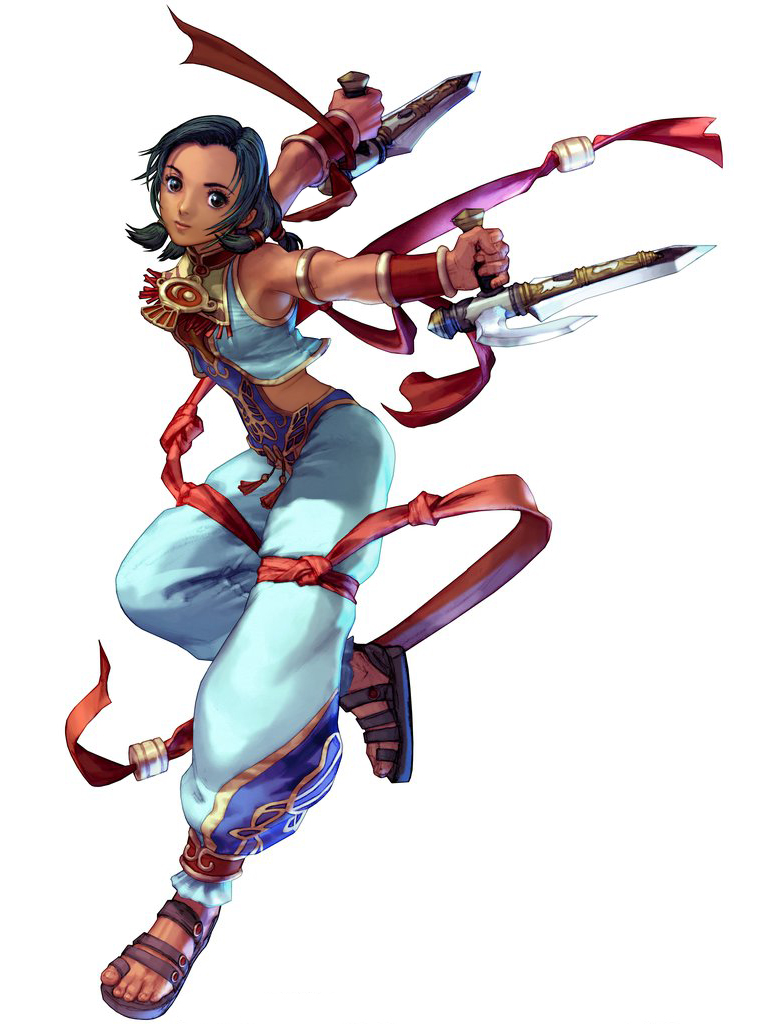 kawano takuji, talim, soul calibur, soulcalibur, soulcalibur iii, blade, official art, 1girl, baggy pants, bare shoulders, black hair, bladed tonfa, blue hair, brown eyes, crop top, dark-skinned female, dark skin, dual wielding, feet, female focus, flat chest, green hair, hair tubes, holding, midriff, pants, quad tails, ribbon, sandals, solo, toes, tonfa, vambraces, weapon