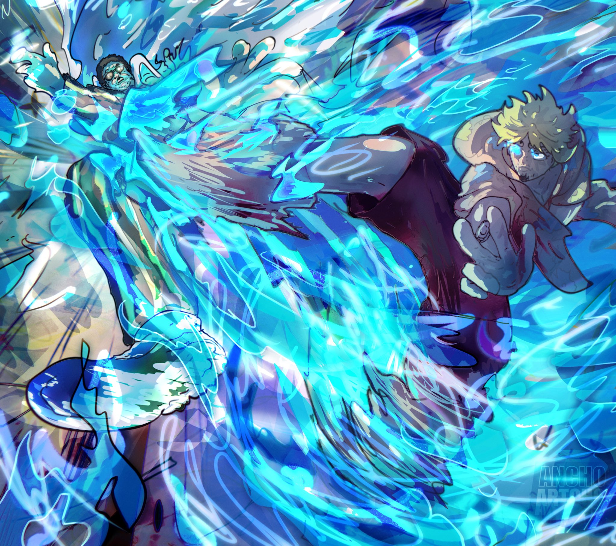 kizaru (one piece), sanji (one piece), one piece, highres, 2boys, anchoartcho, blonde hair, coat, coat on shoulders, facial hair, fighting stance, fire, formal clothes, leg up, marine uniform (one piece), multiple boys, mustache stubble, orange-tinted eyewear, stubble, suit, sunglasses, tinted eyewear, vertical-striped suit, yellow suit